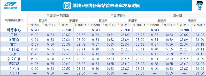 重庆地铁5号线开收班时间表