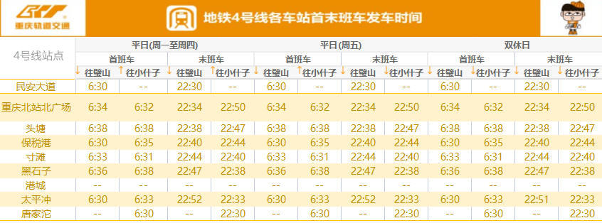 重庆地铁4号线开收班时间表