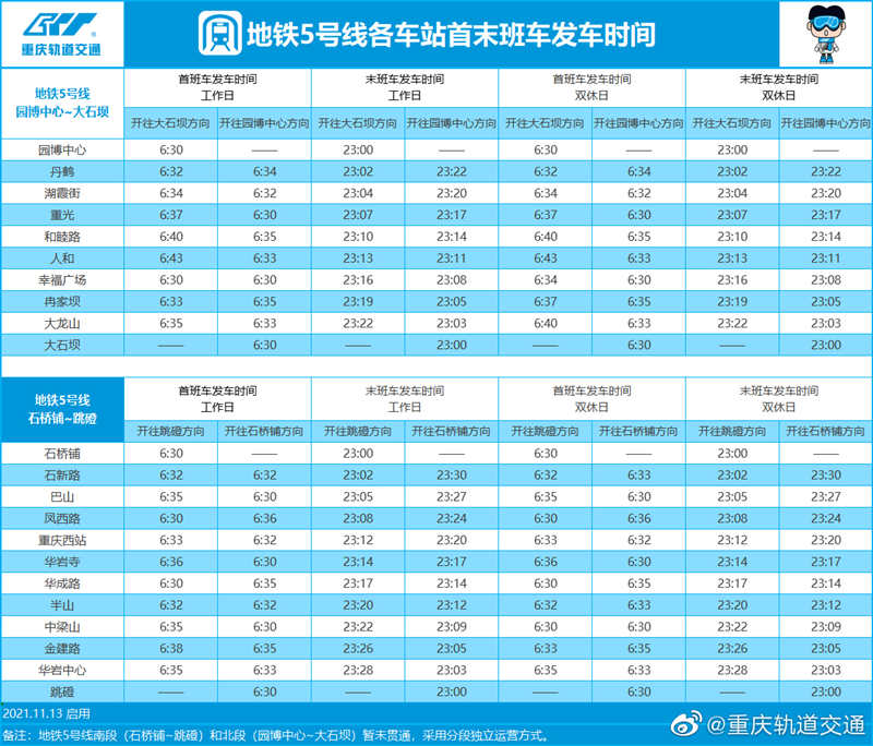 地铁5号线运营时间