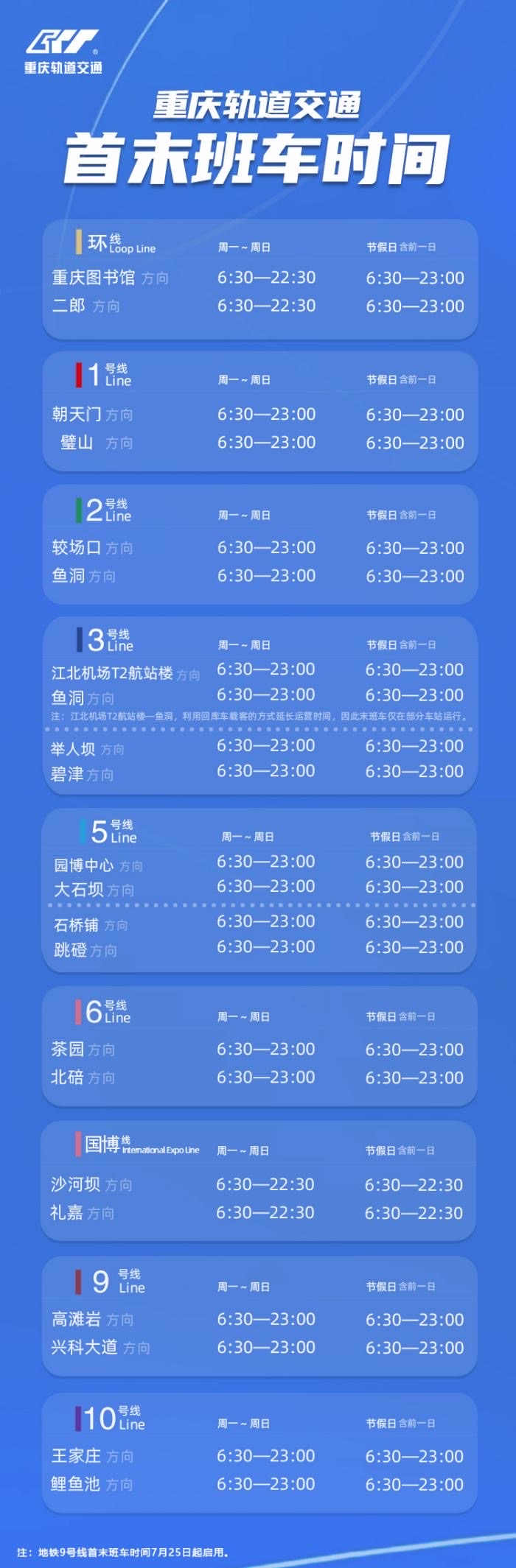 重庆轨道交通首末班车时间表