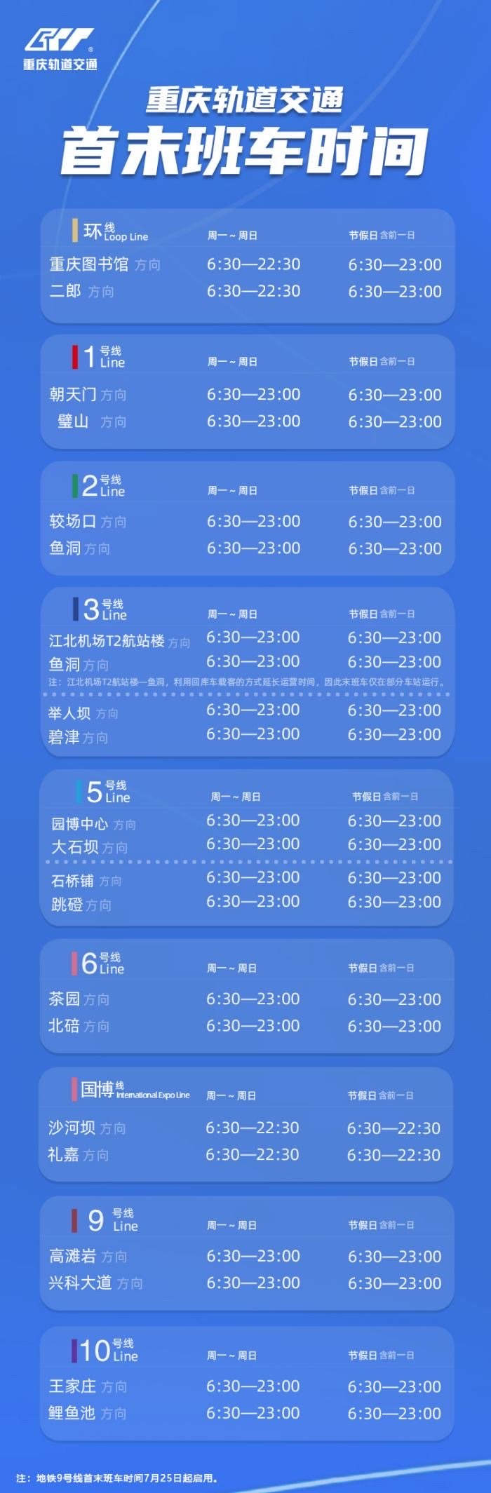 重庆轨道交通首末车时间