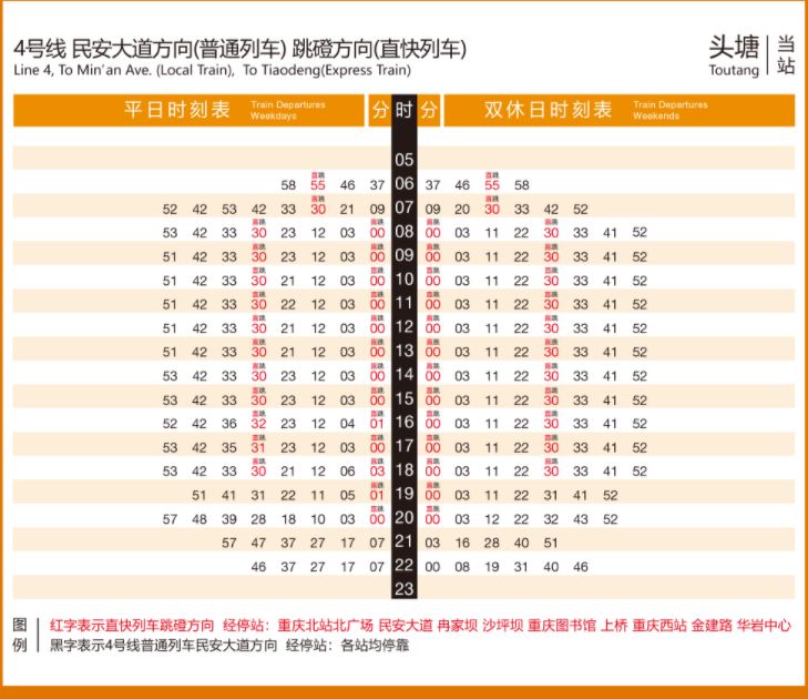 重庆地铁4号线头塘站时刻表