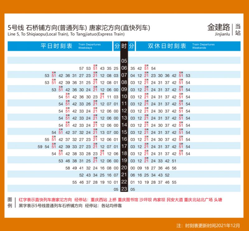 重庆地铁5号线金建路时刻表