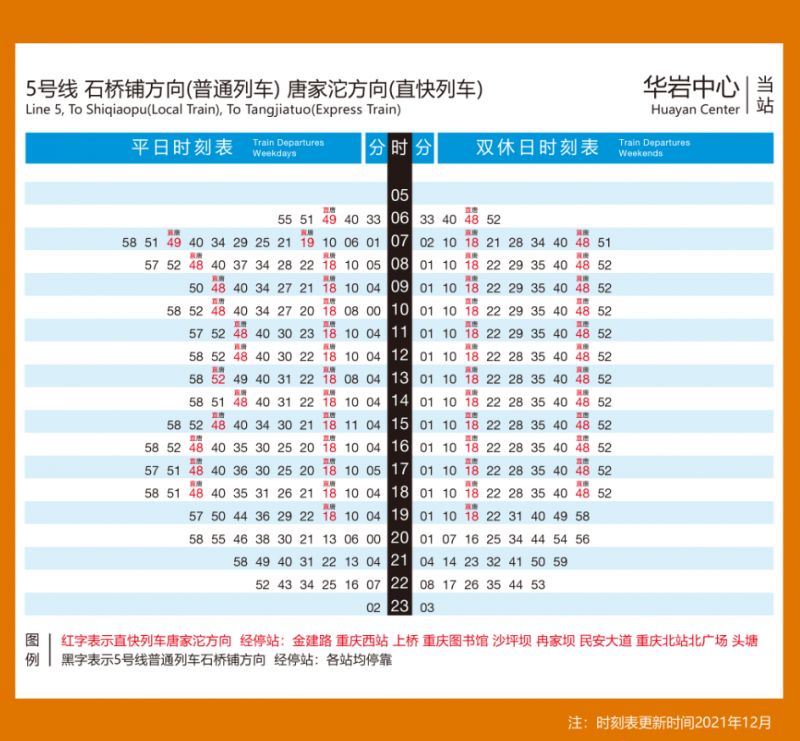 重庆地铁5号线华岩中心站时刻表