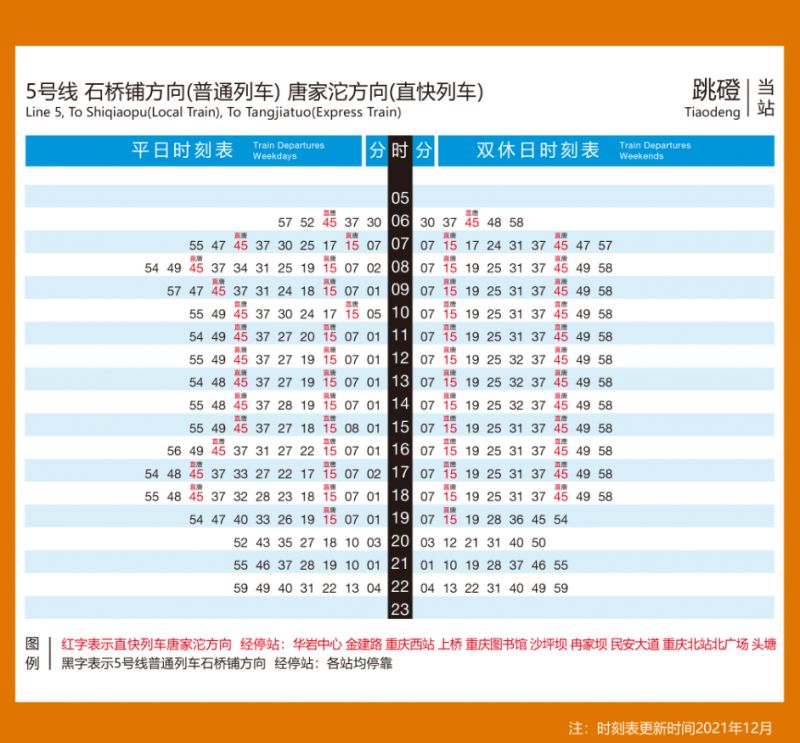 重庆地铁5号线跳蹬站时刻表