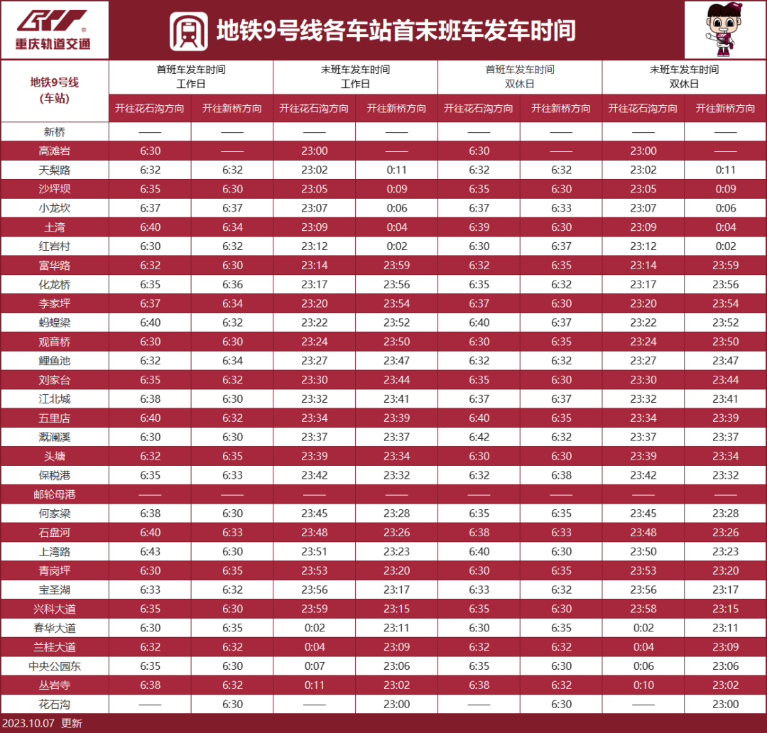 重庆地铁9号线时刻表