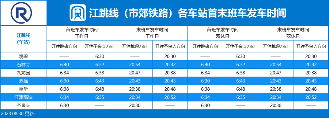 重庆地铁江跳线时刻表