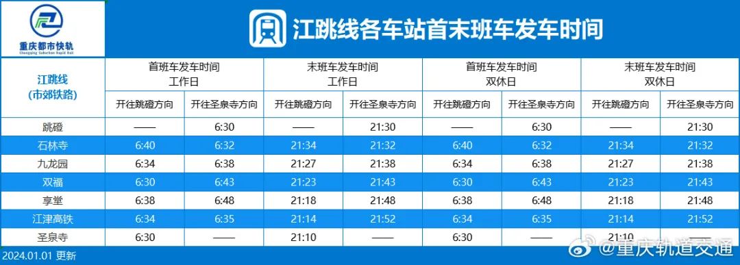 重庆地铁江跳线首末班发车时刻表