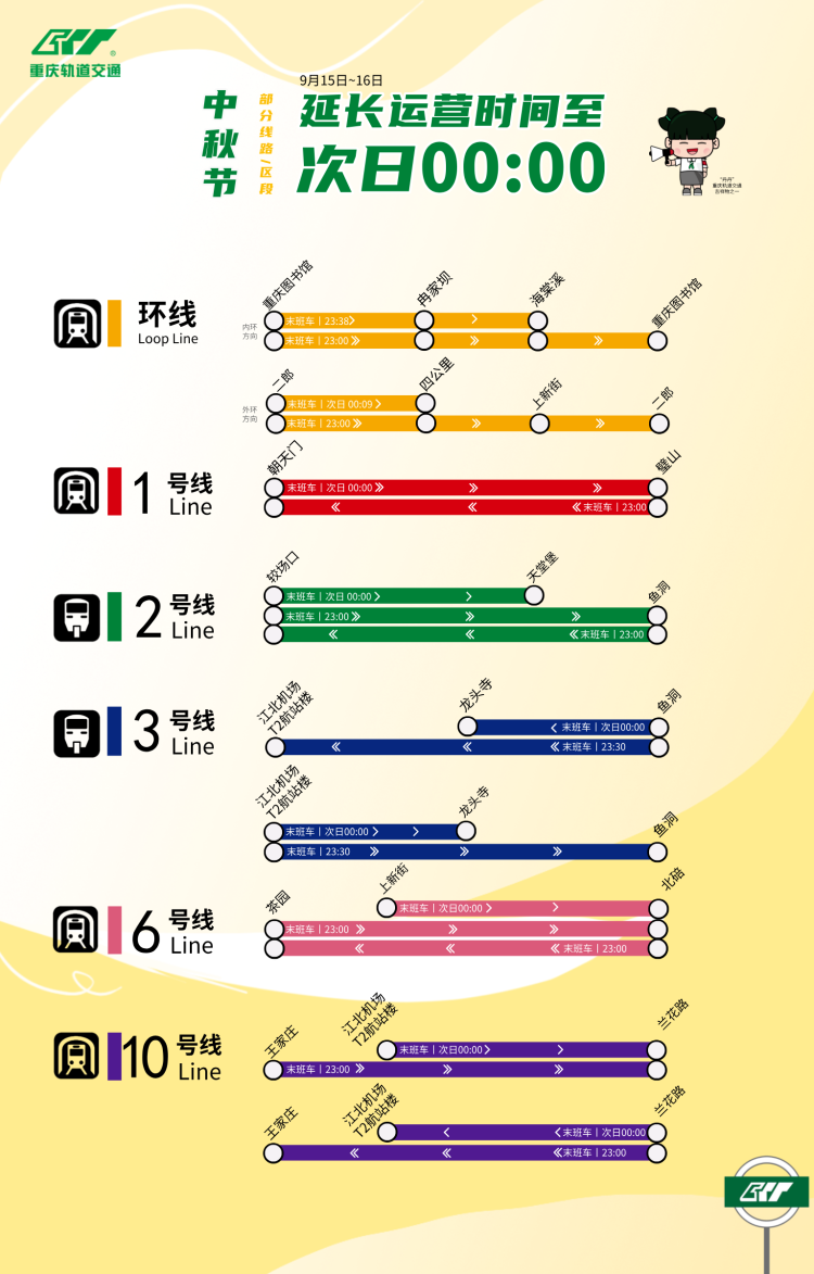 重庆地铁中秋节延长运营时间表