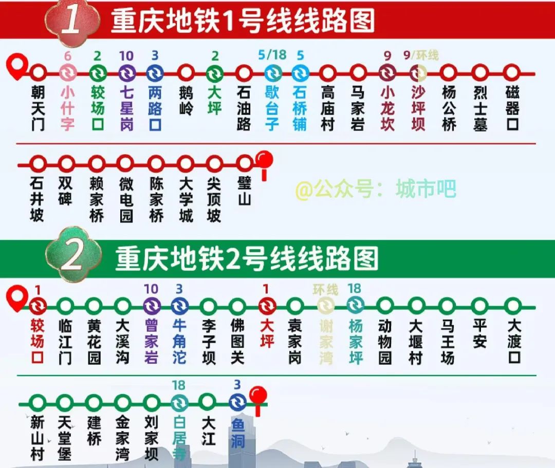 2024年重庆地铁1号线、2号线线路图